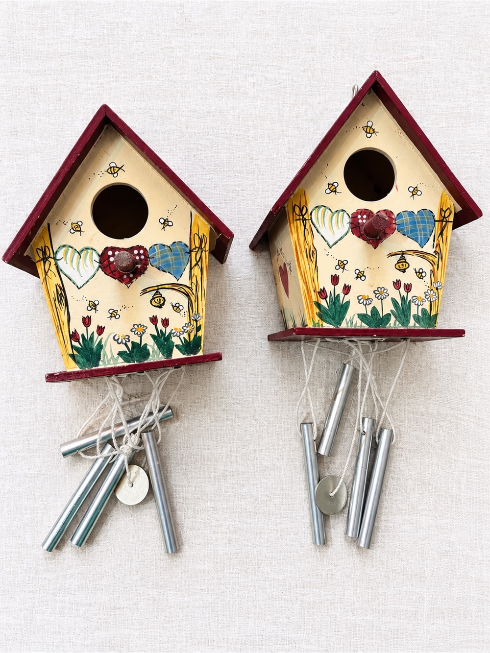 Set of 2 Rustic Folk Art Birdhouse Wind Chimes – Cottagecore Garden Decor